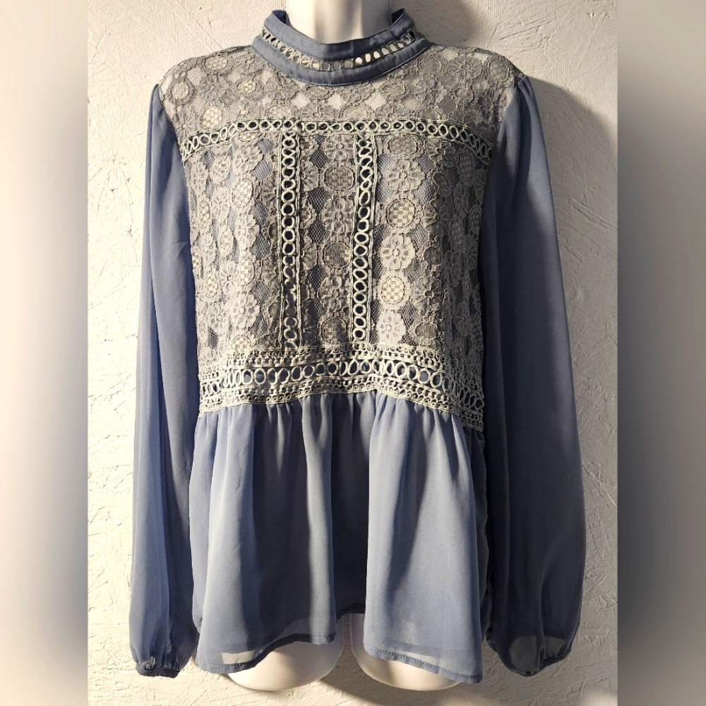 SBetro (SHEIN) Dusty Blue Long-Sleeve Lace Front Top - Women's Size XL